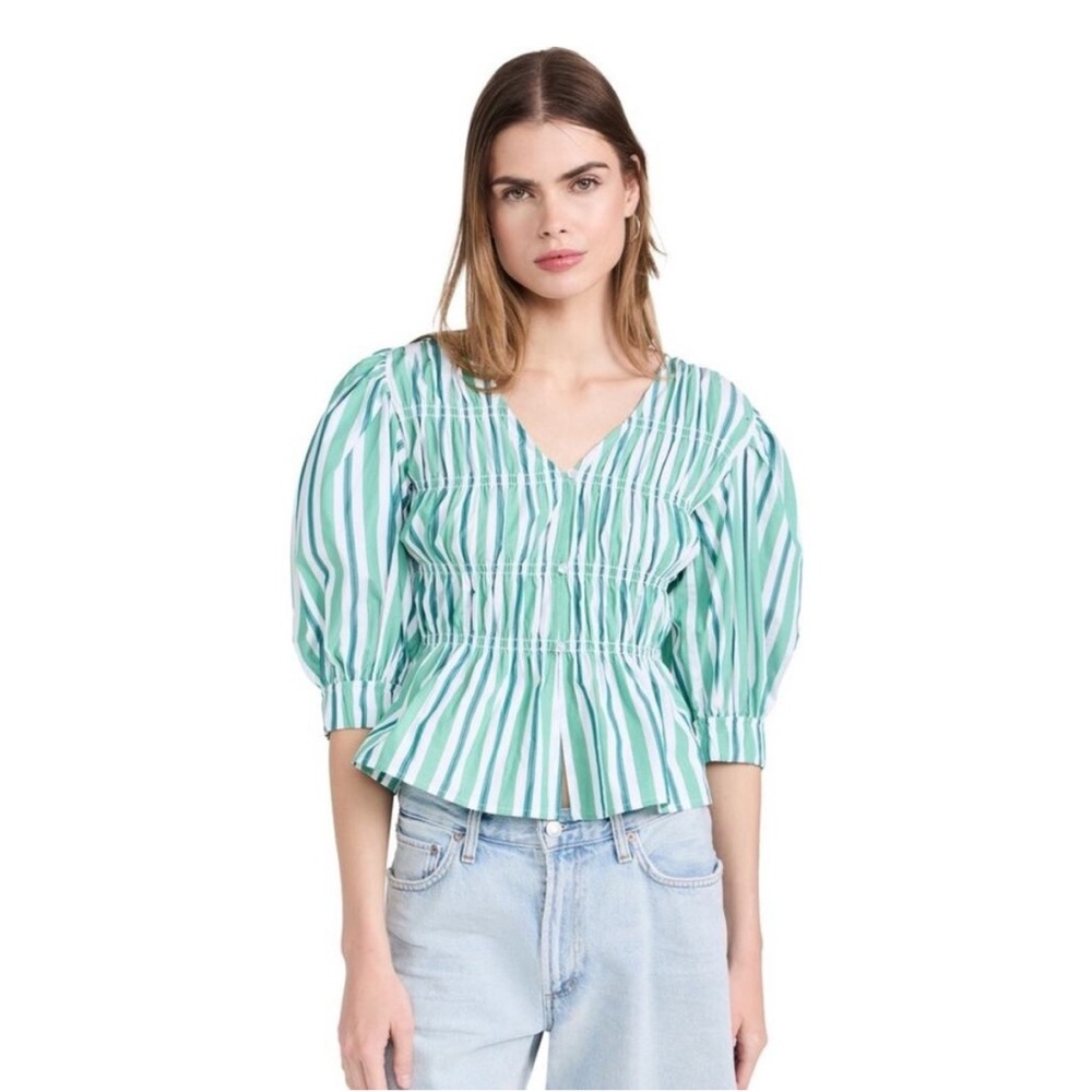 GANNI Green Striped V-Neck Fitted Blouse Size 36 / 4 US‎